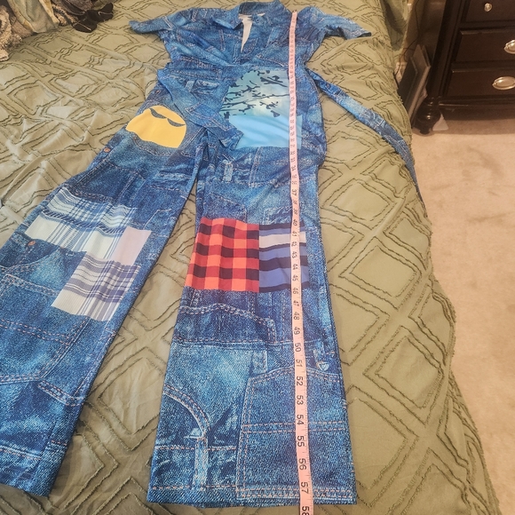 Blue jean like jumpsuit. Unique Pacman & plaid pattern. Size Medium. - Picture 6 of 10